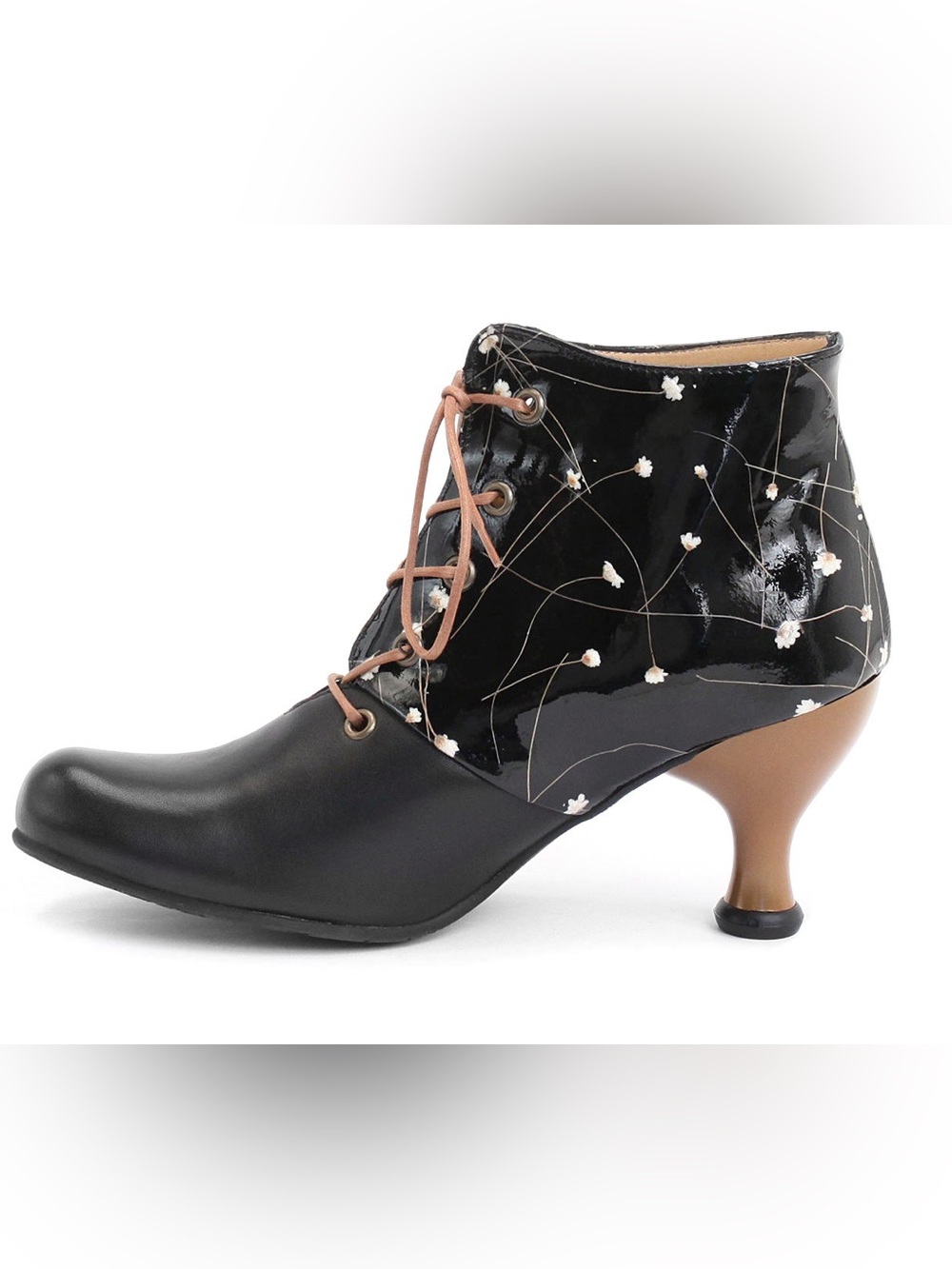 John Fluevog Rose Dunn Black Patent upper and Leather Lace-Up Ankle Boots